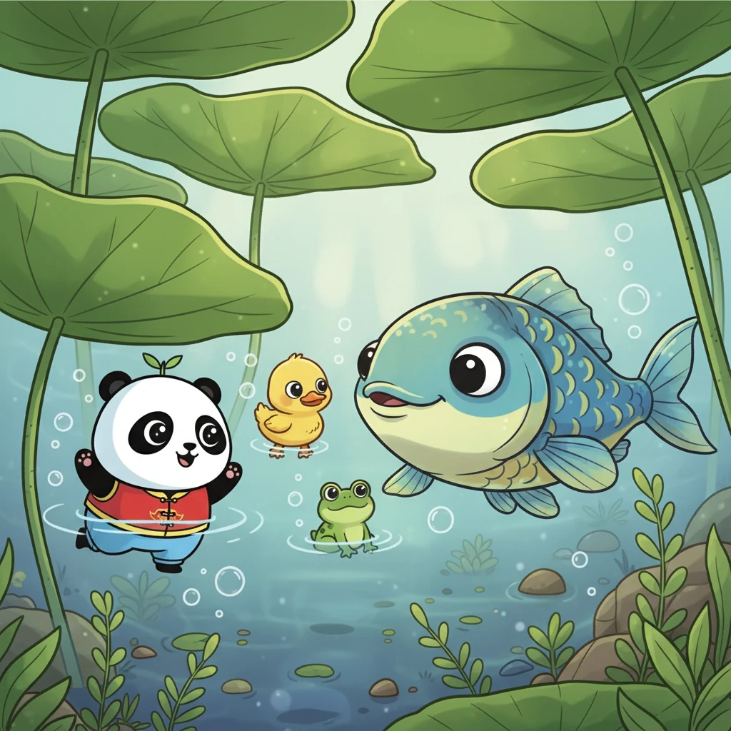 小点点和伙伴们游到了荷叶下，看到了大眼睛的鱼。他们问鱼妈妈是否见过自己的妈妈，鱼妈妈友善地摇了摇头，告诉他们要继续寻找。