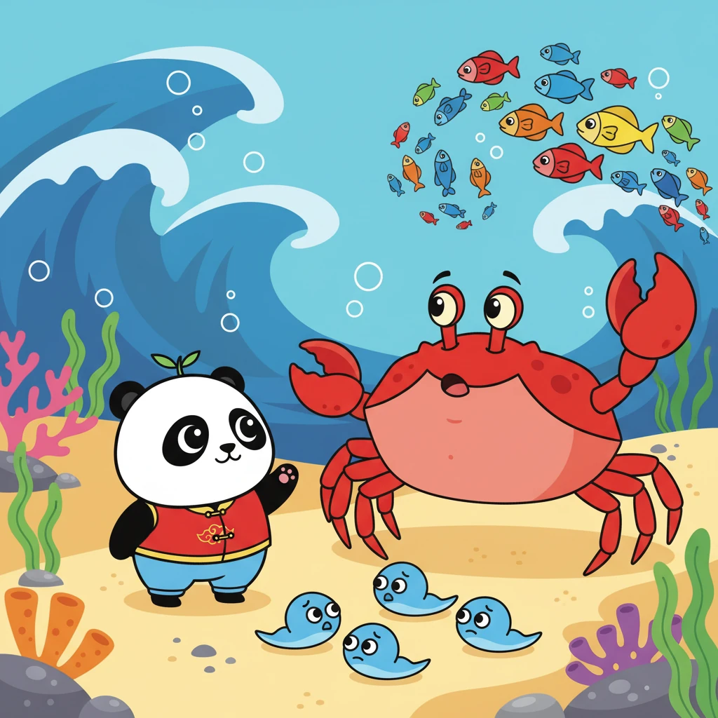 他们又遇到了大螃蟹，螃蟹妈妈挥舞着大钳子，但也不知道蝌蚪妈妈在哪里。螃蟹妈妈指引他们去寻找其他动物，寻找线索。