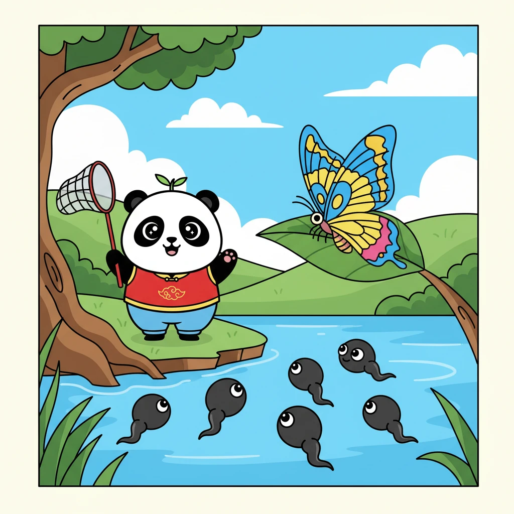 小蝌蚪们游到了一棵大树下，看到了美丽的蝴蝶。他们问蝴蝶妈妈是否见过自己的妈妈，蝴蝶妈妈告诉他们，妈妈可能在岸边。