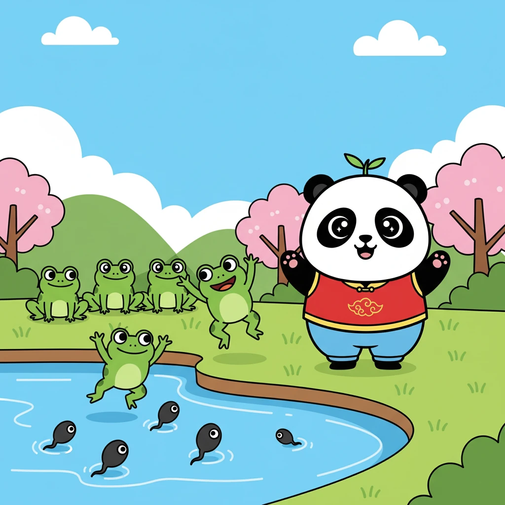 小蝌蚪们终于游到了岸边，看到了一群正在跳跃的青蛙。他们仔细地观察着，希望能找到自己的妈妈。他们内心充满了期待和希望。