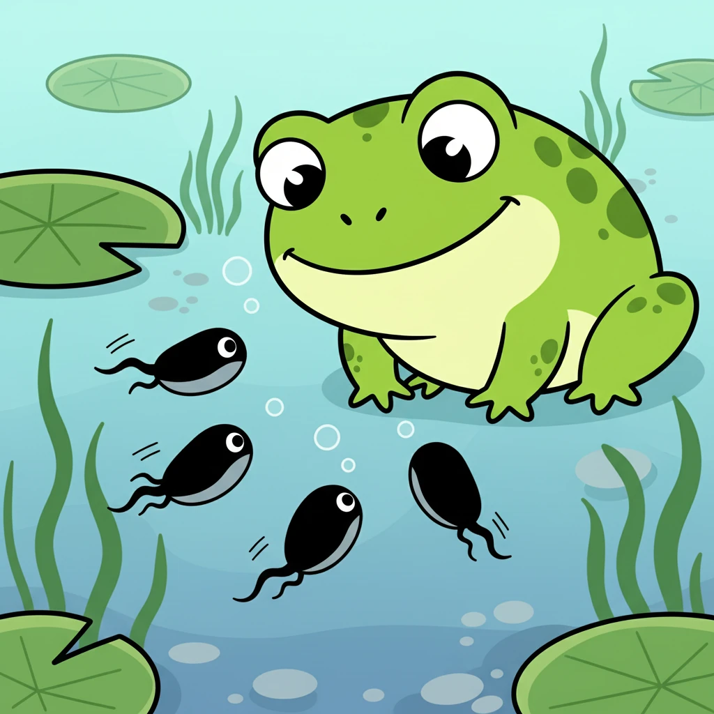 小点点和其他小蝌蚪们，终于认出了他们自己的妈妈。妈妈有着大大的眼睛，绿色的皮肤，正温柔地看着他们。他们激动地游到妈妈身边。