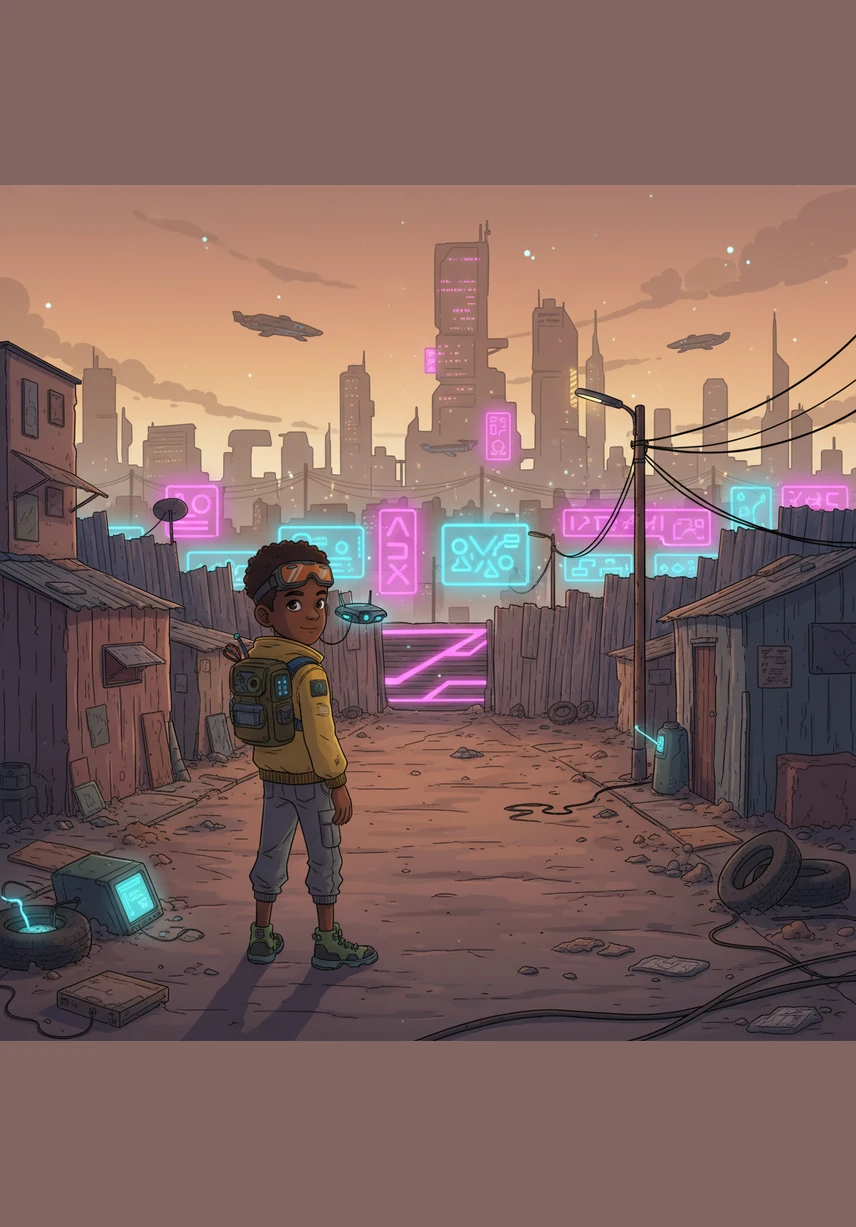 A young Trevor stands at the edge of a dusty Soweto street, looking out at a horizon divided by fences and vibrant colors. The air is thick with the heat of the sun and the hushed whispers of a world held in check by invisible lines.