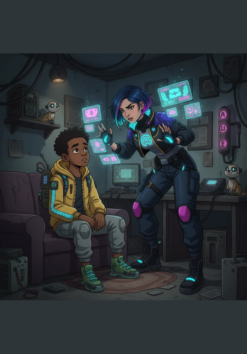 Patricia leans over Trevor, her hands expressive as she speaks, illustrating how words can be a shield and a key. Around them, floating fragments of different South African dialects shimmer like gold in the dim light of their home.