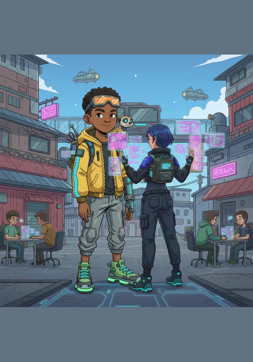 In a crowded schoolyard, Trevor moves between groups, his face shifting expressions as he seamlessly changes his way of speaking. A large, translucent Shift key floats in the sky above, symbolizing his ability to transform and belong anywhere.