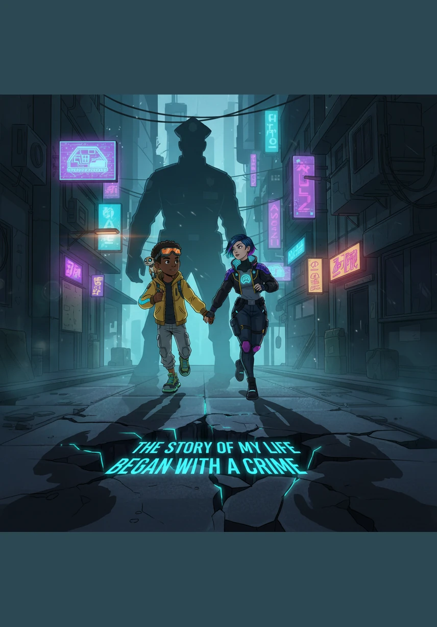 A shadowy figure of a policeman looms in the distance while Trevor and his mother walk briskly, their shadows lengthening on the pavement. The ground beneath them is cracked, revealing the words The story of my life began with a crime etched into the earth.