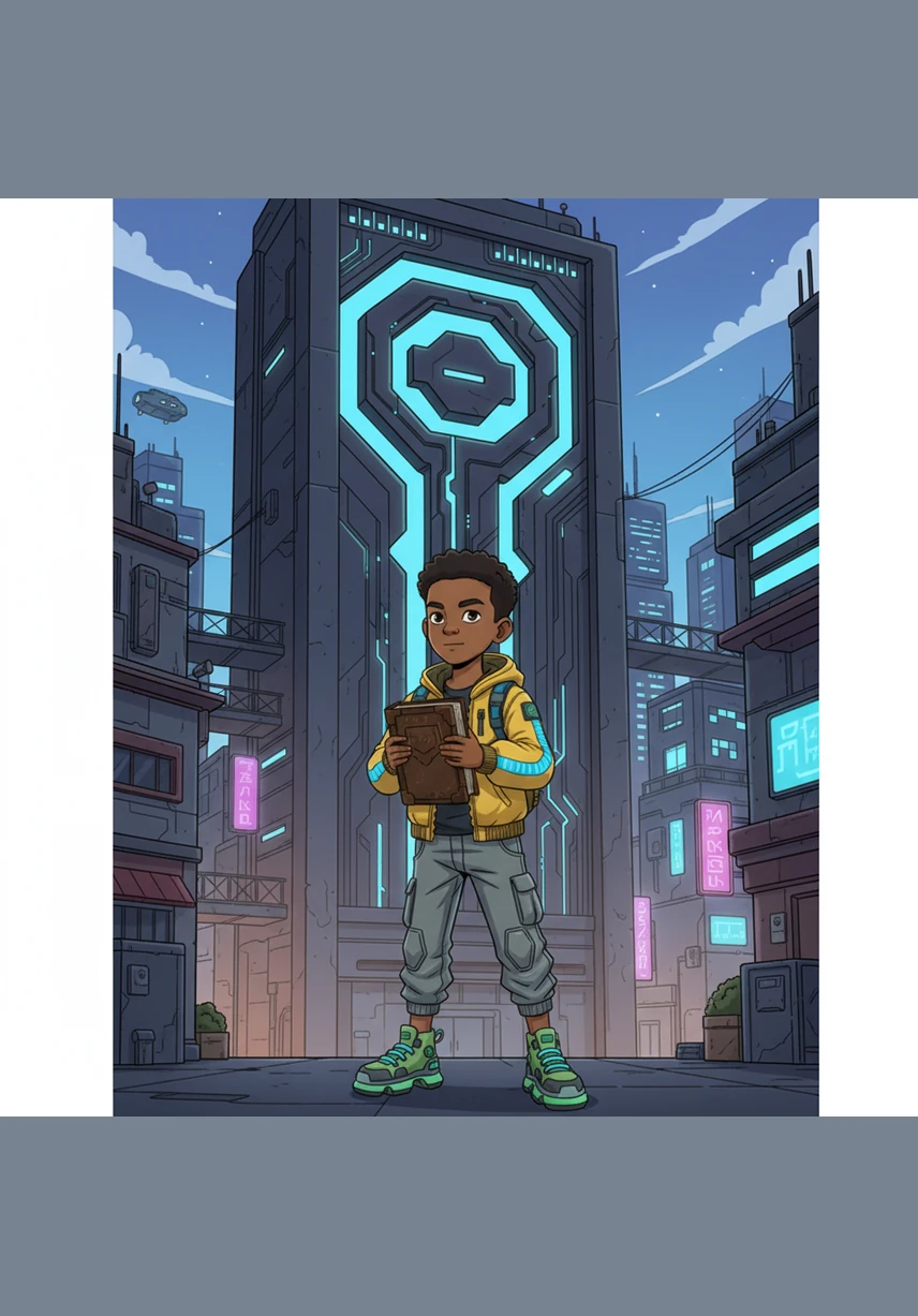 A massive Command key is integrated into the architecture of a city building, representing the rigid laws that dictated where people could go. Trevor stands before it, small but undeterred, clutching a book that represents his growing education and voice.