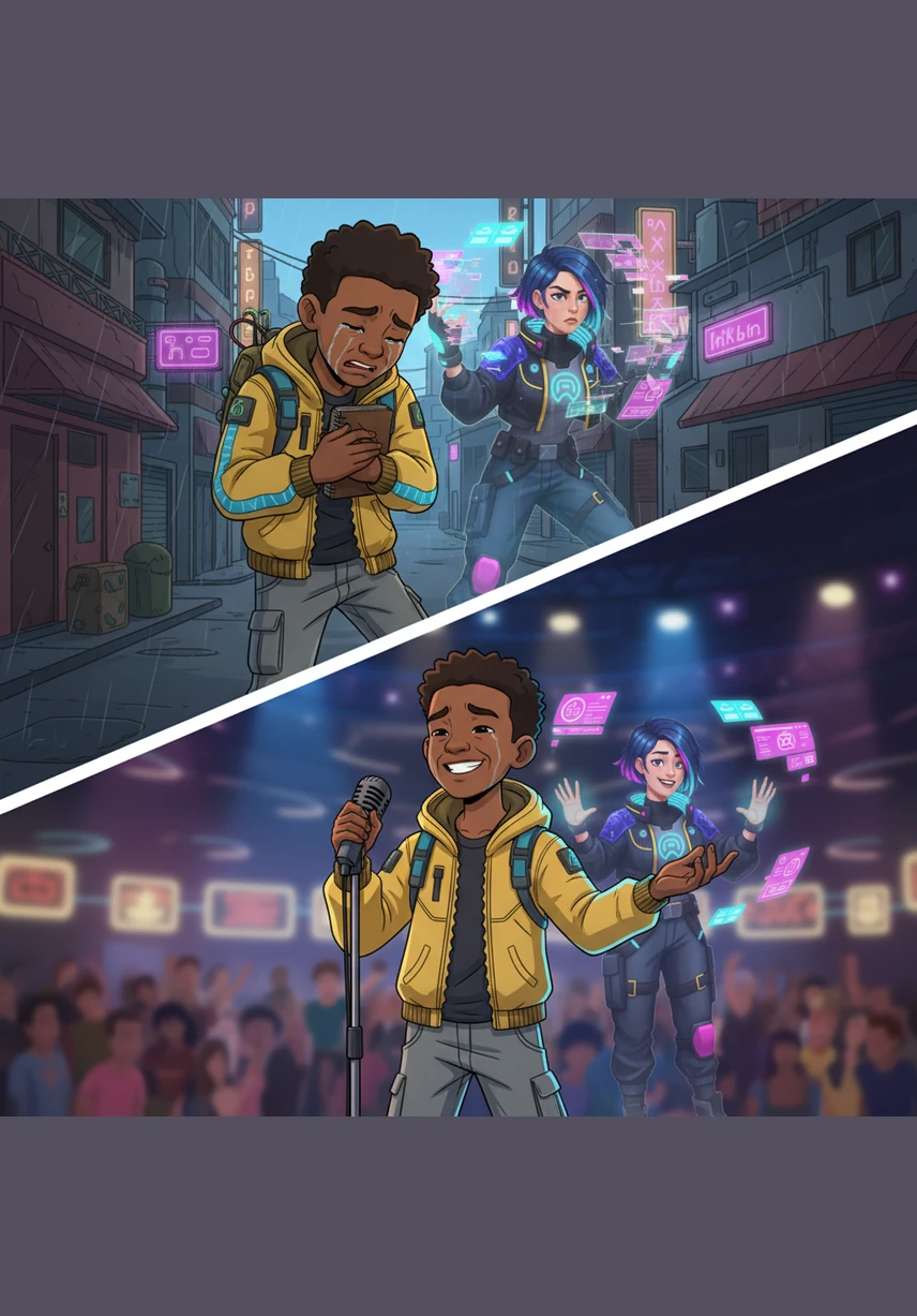 The scene splits between a tearful moment of struggle and a burst of comedic light, capturing the tragedy-comedy essence of his journey. Trevor is seen older now, a microphone in hand, ready to tell the world his story with a smile.