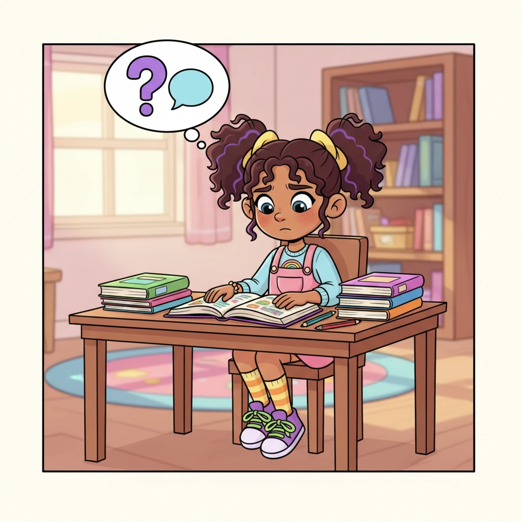 Lily, a bright-eyed girl with a slightly worried expression, sits at her desk, surrounded by English textbooks. She sighs, wishing she could get back into English after feeling a bit distant from it. A thought bubble above her head shows a question mark next to a speech bubble, reflecting her uncertainty.