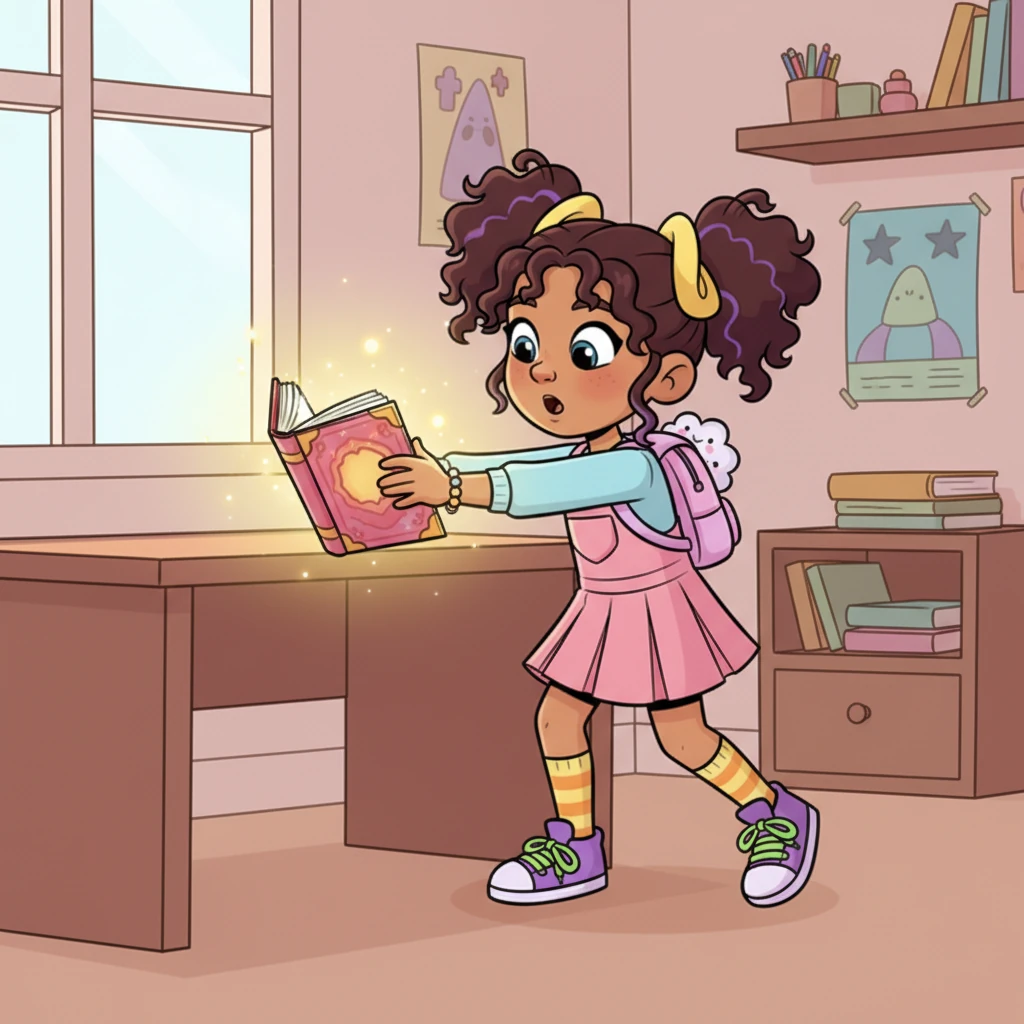 A vibrant, magical-looking "Shadowing English" book appears on her desk, glowing softly. Lily's eyes widen with curiosity and a spark of hope. She picks it up, ready for a new adventure in language learning.