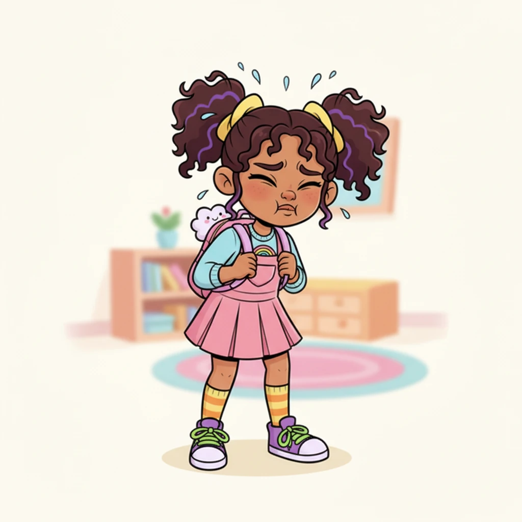 Lily tries shadowing, mimicking sounds and words, but her face scrunches up in frustration. She feels overwhelmed and wants to take a break from learning because she truly feels stuck. Droplets of cartoon sweat appear around her head, showing her struggle.