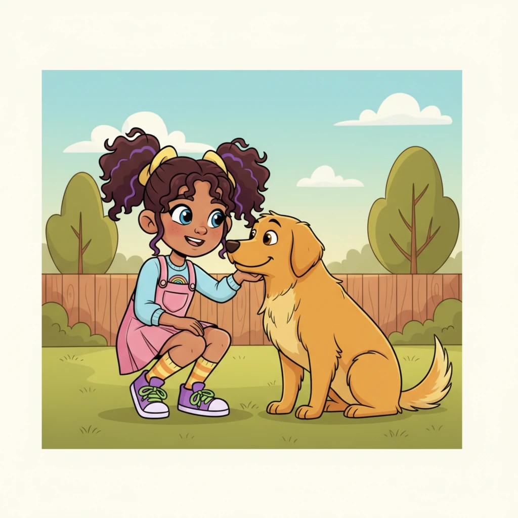 A friendly, wise-looking golden retriever, her family pet, nudges her hand with its nose, offering comfort. Lily realizes that big goals are achieved little by little. She smiles, understanding that small steps add up.