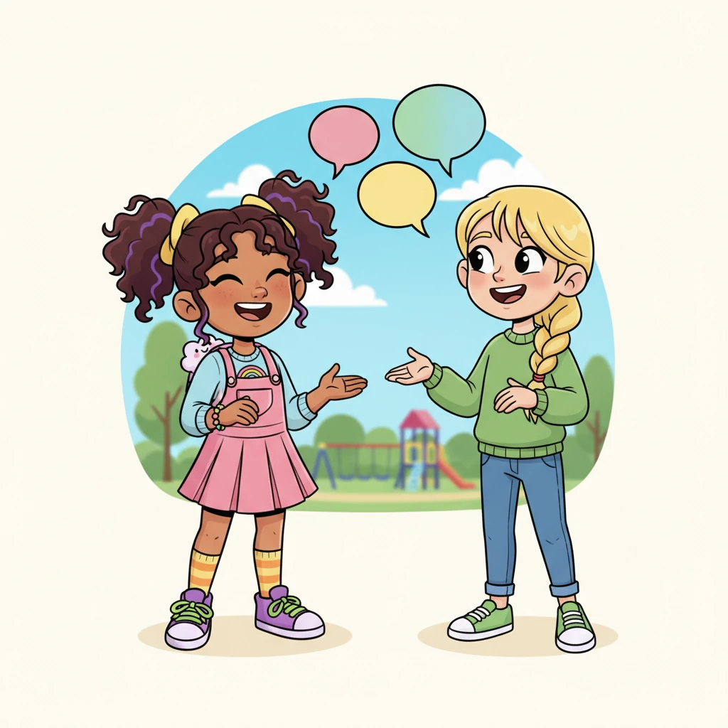 Lily chats animatedly with a new exchange student, sharing jokes and stories. She beams, knowing she can truly make progress again and sound more confident in her English conversations. Colorful speech bubbles float playfully between them.