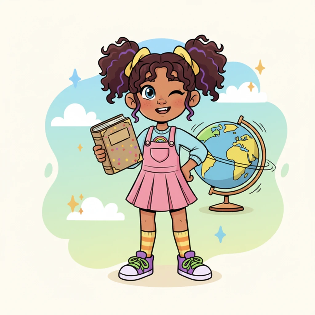 Lily, now older and wiser, stands tall, holding her well-loved shadowing book like a treasured trophy. She winks at the reader, a symbol of her achievement and joy in mastering English. A globe spins gently in the background, inviting her to explore the world with her new skills.