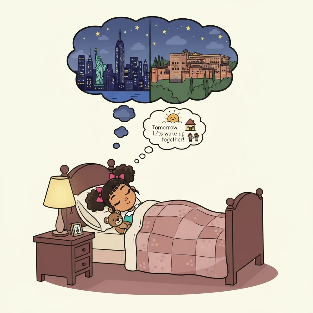 晚上，我睡觉了。(Wǎnshang, wǒ shuìjiào le.) Por la noche, me voy a dormir. 我梦见我在纽约和格拉纳达。(Wǒ mèngjiàn wǒ zài Niǔyuē hé Gēlāndà.) Sueño con Nueva York y Granada. 明天，我们一起起床吧！(Míngtiān, wǒmen yīqǐ qǐchuáng ba!) ¡Mañana, levantémonos juntos!