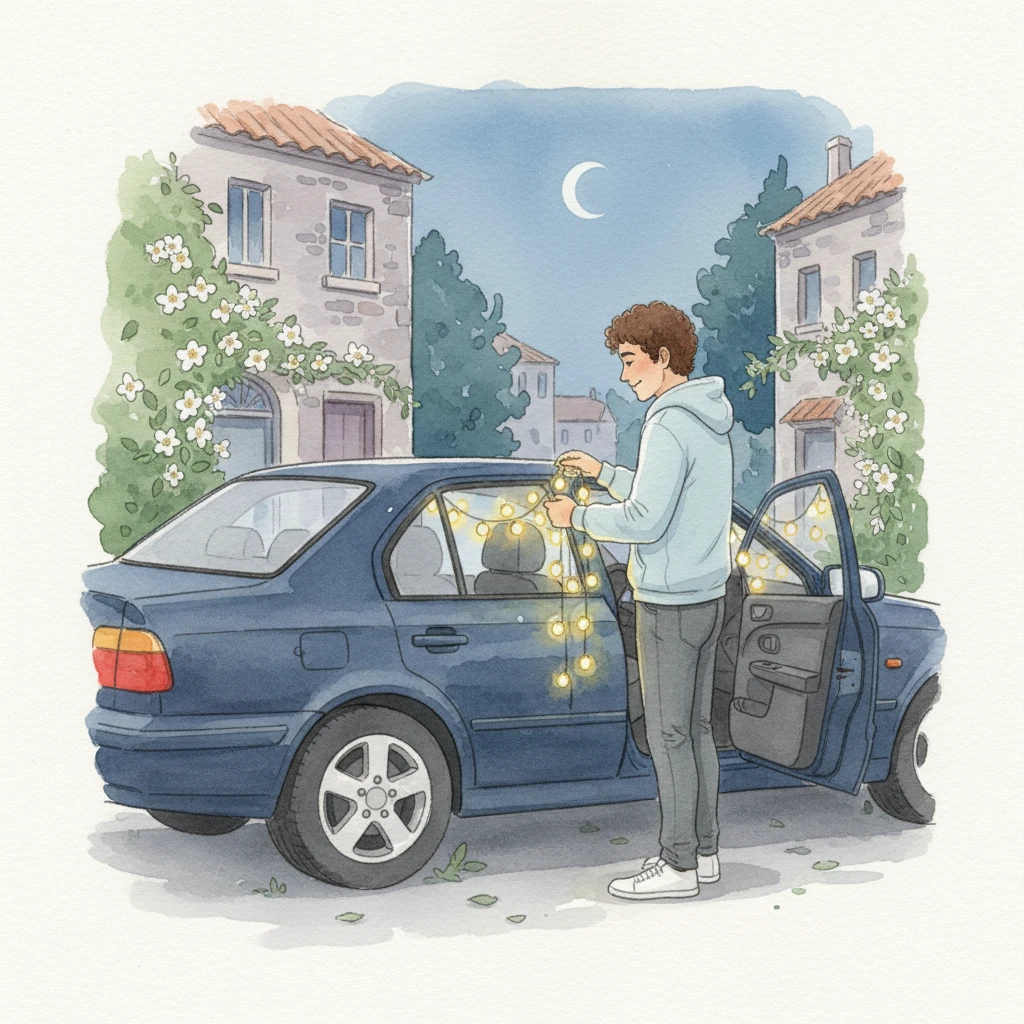 Omar, his face softened by anticipation, prepares his car for a special journey through the quiet, spiritual Ramadan nights. The air outside is cool and still, carrying the faint scent of flowers and old stone. A sense of gentle reverence fills the evening.