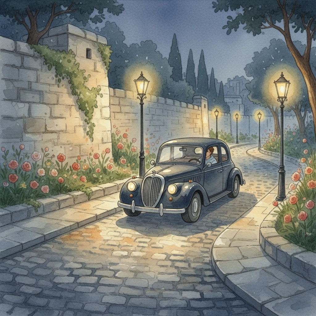 The car glides silently through the sleeping city, past ancient walls and hushed gardens. Soft streetlights cast long, dancing shadows, painting the road in shades of amber and indigo. The world outside seems to hold its breath in peaceful contemplation.