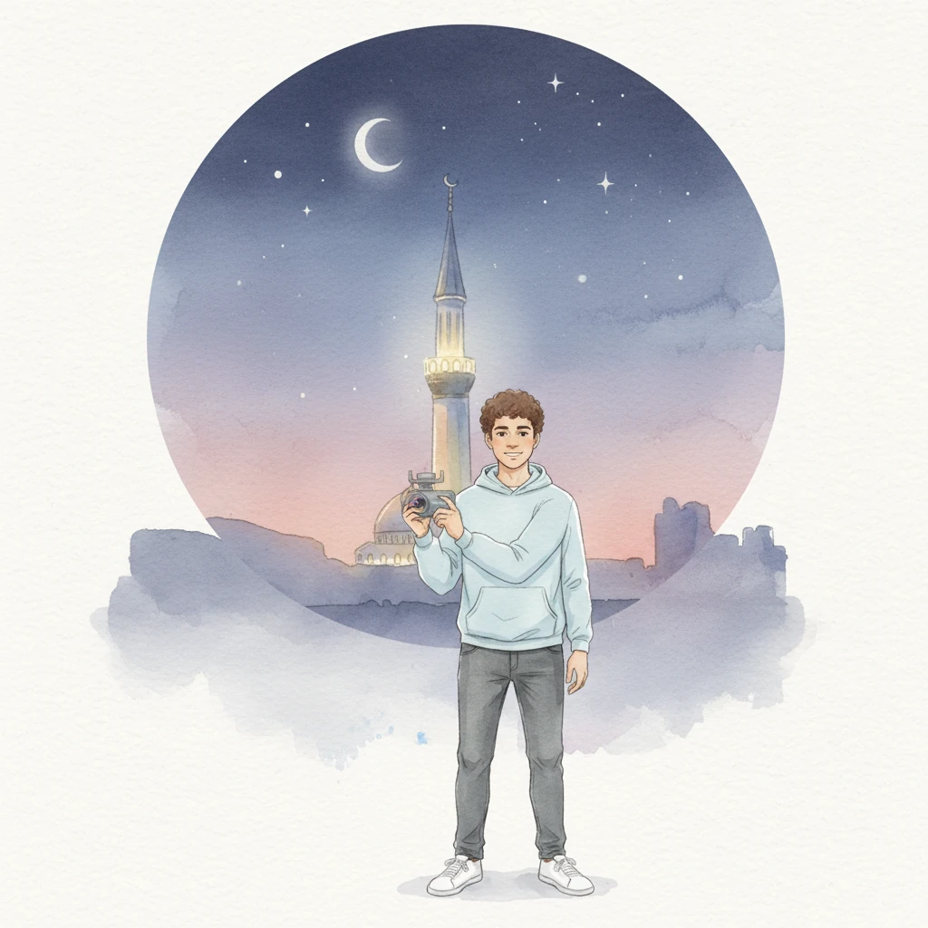 The T800's lens, wide and clear, captures the ethereal glow of a distant mosque's minaret, its light a beacon against the deepening velvet sky. Every detail, from the faint crescent moon to the shimmering stars, is held within its frame with broad strokes of color.