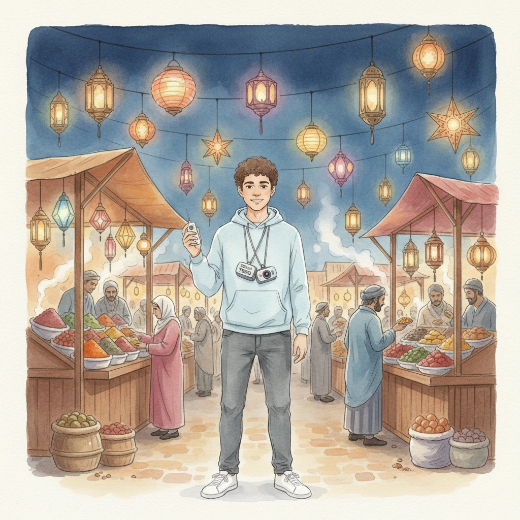 Omar passes a vibrant, late-night suhoor market, where lanterns glow like scattered jewels. The T800 records the kaleidoscope of colors, the lively chatter, and the aroma of spices mingling in the cool air, a vibrant tapestry of life in rich, blended hues.