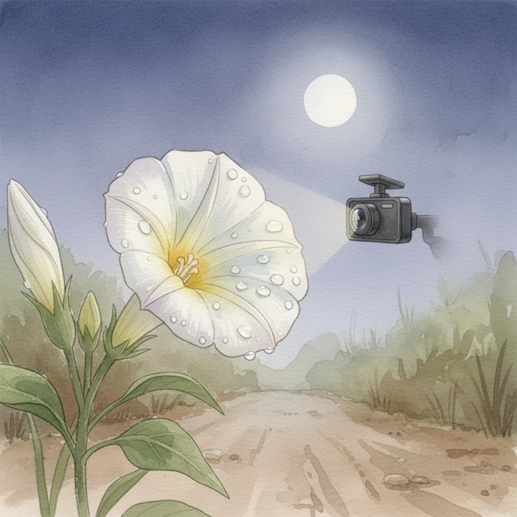 The T800E then focuses on a single, dew-kissed flower by the roadside, its petals unfurling in the gentle moonlight. The intricate textures and subtle hues are revealed with remarkable clarity, a testament to its delicate vision and soft focus.