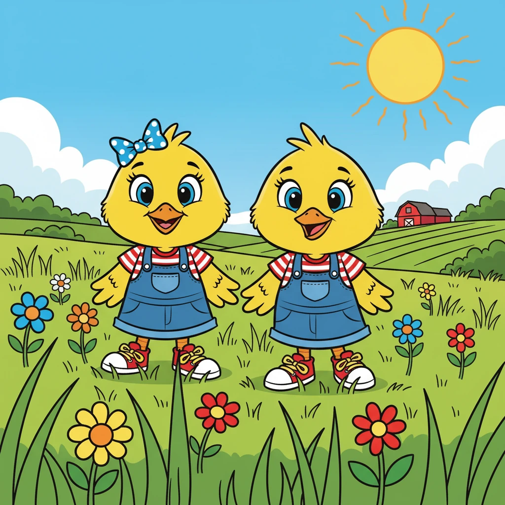 Chicky Licky Lee and Chicky Licky Lo, two fluffy chicks with bright eyes, strolled through the sunny farm. They loved exploring the tall green grass and the colorful flowers. Their happy chirps filled the air as they enjoyed their morning walk.