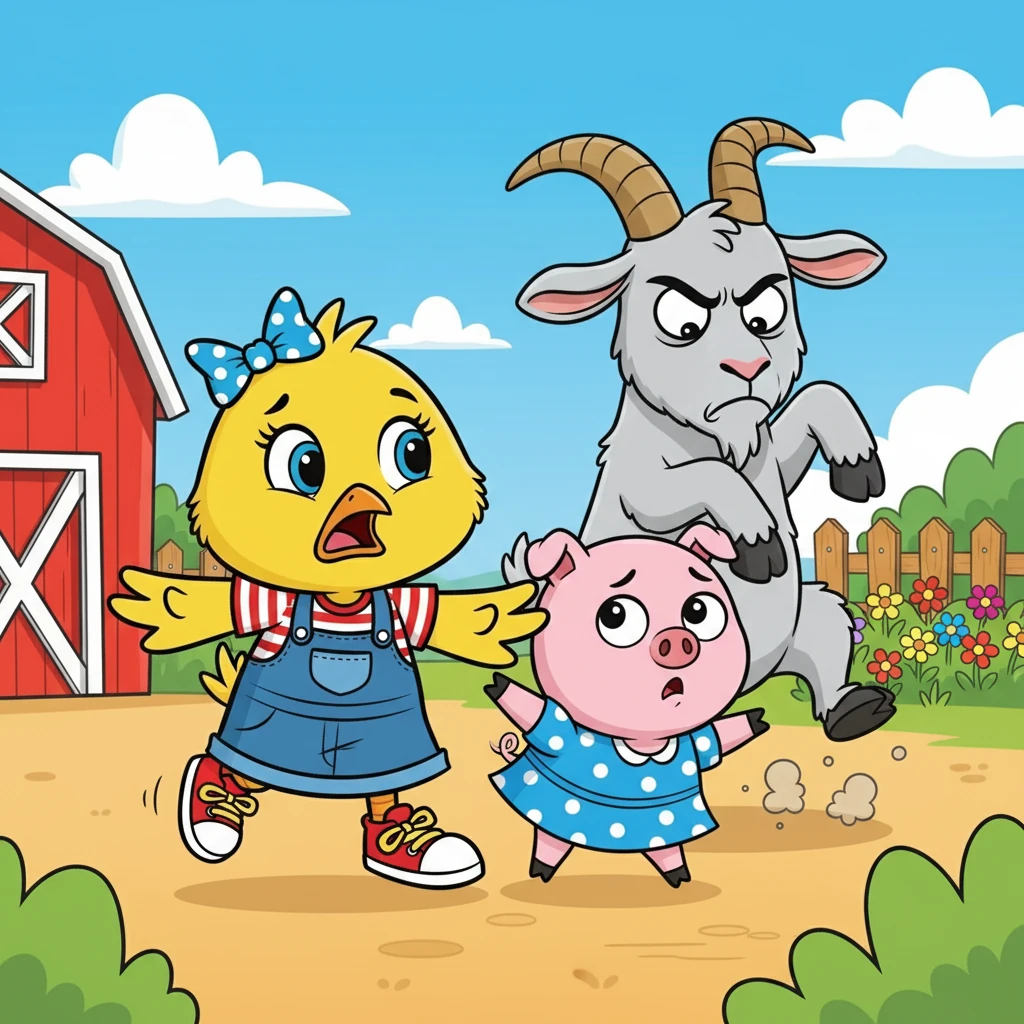 Suddenly, they heard a distressed bleating. They hurried towards the sound and saw their friend, Petunia Pig, being pushed around by a grumpy goat named Baaadd Benny. Benny was stomping his hooves and making mean faces.