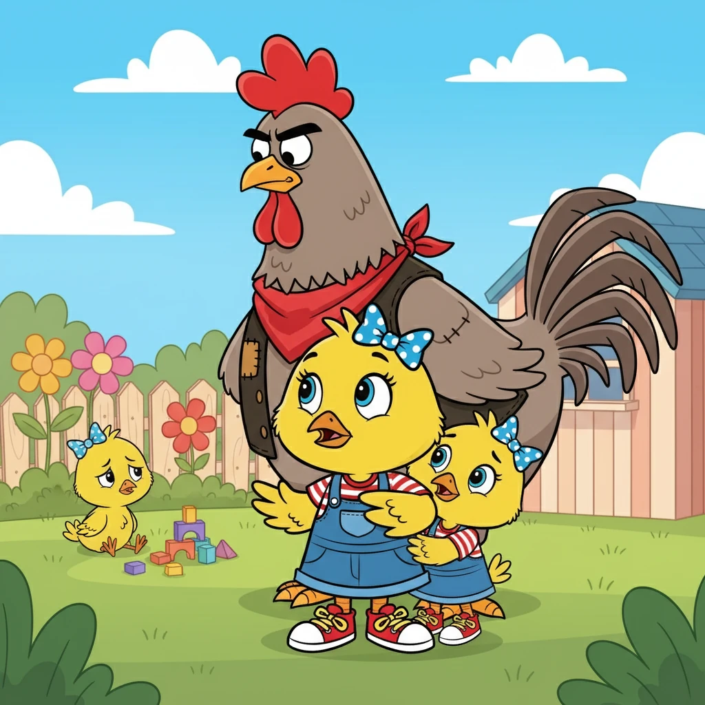 Chicky Licky Lee, always the braver of the two, stepped forward. "Baaadd Benny, why are you being so mean to Petunia?" she chirped, her voice filled with concern. Chicky Licky Lo nervously peeked from behind her.