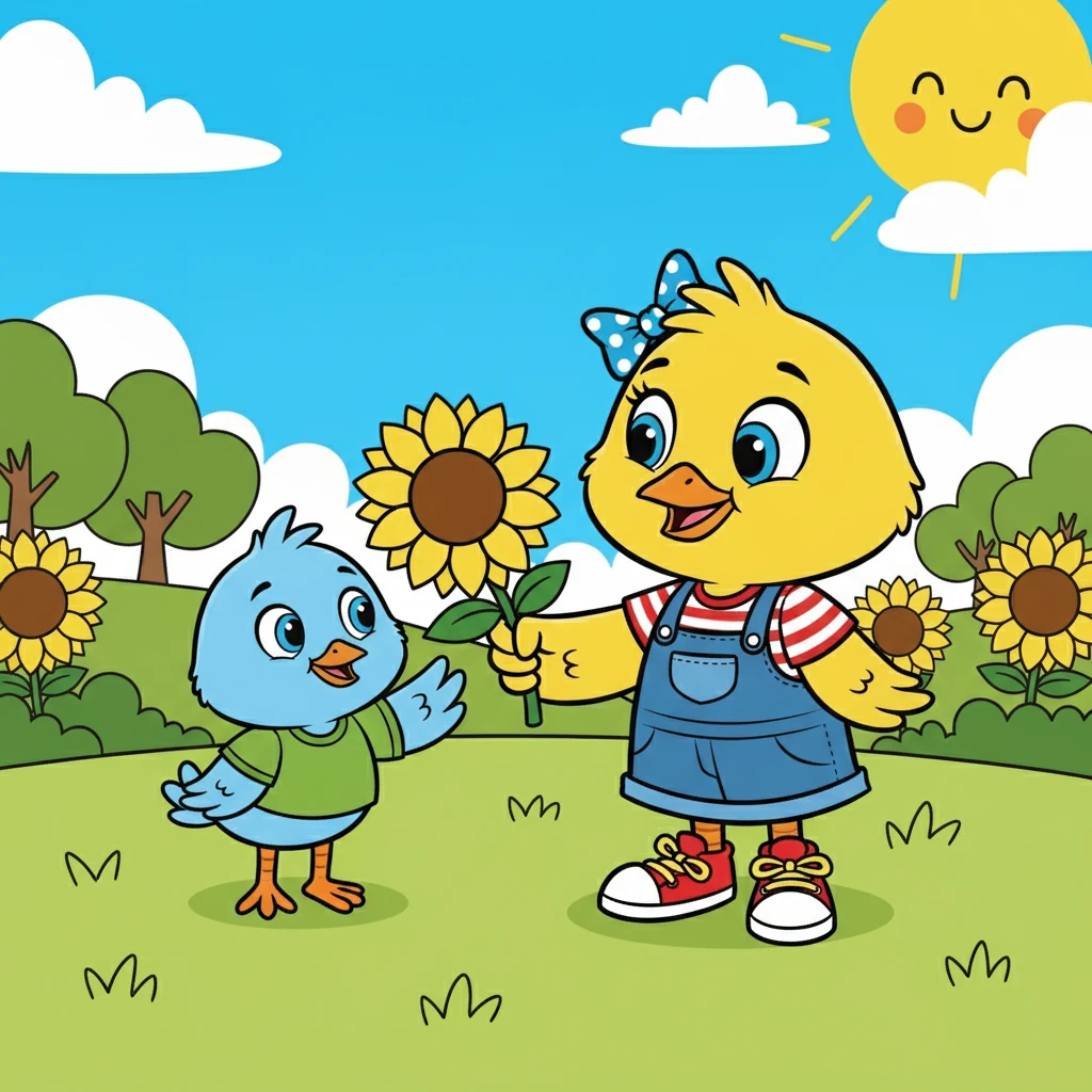 Chicky Licky Lee, without hesitation, offered Benny a bright yellow sunflower. "Here, Benny, this is for you. It's a sunny day, and everyone deserves a little happiness," she said, her eyes filled with genuine care.