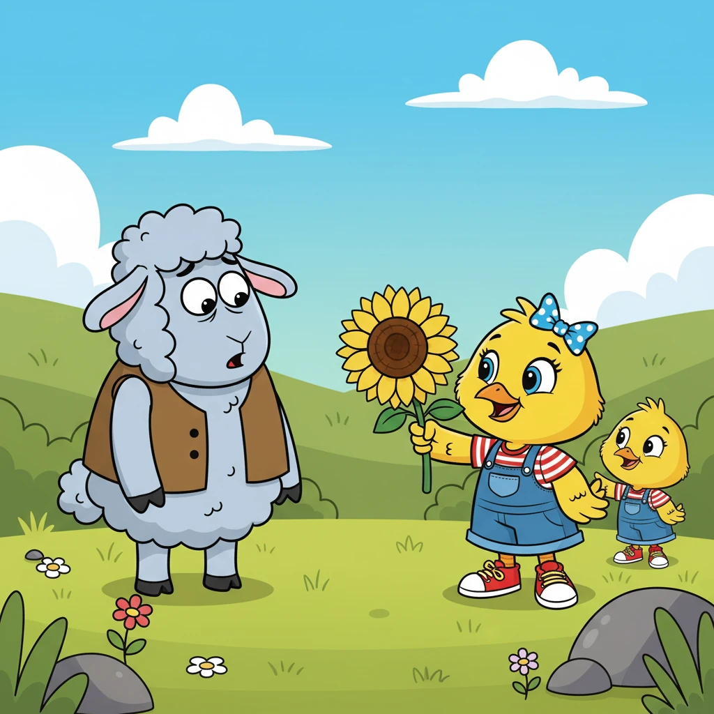 Baaadd Benny was stunned. He'd never received a gift before, let alone a kind gesture. He looked at the sunflower, then at the chicks, and a strange feeling bubbled up inside him. He felt… confused, but also warm.