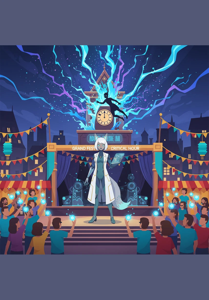 Below in the city, the annual Grand Festival was in full swing, with thousands of people gathered in the streets under bright banners and lanterns. Children laughed and music filled the air, oblivious to the shadow looming over their celebration. It was the perfect concentration of humanity for the catalyst to begin.