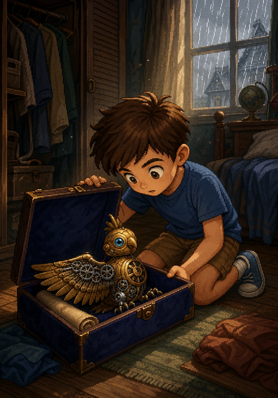 One rainy afternoon, Leo discovered a dusty, velvet box hidden deep within his closet. Inside sat a magnificent, half-finished clockwork bird made of brass and silver gears. A scrolled note beside it read, 'Bring me to life with your steady attention, but beware, for distractions will freeze my gears forever.'