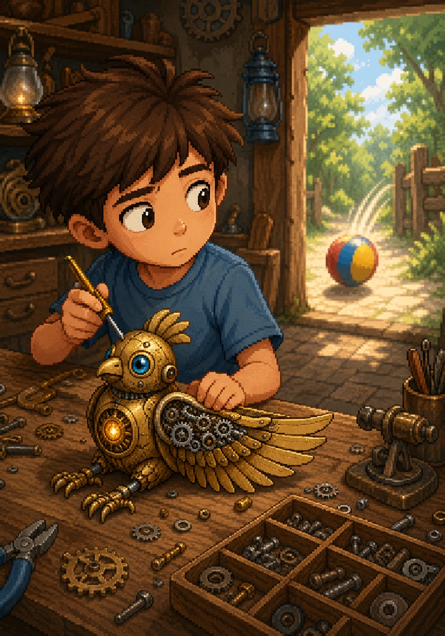 Excited by the challenge, Leo picked up a tiny golden screwdriver and set to work on the bird's left wing. Just then, his favorite rubber ball bounced past the doorway, practically begging him to come out and play. Leo looked at the ball, then at the bird, his mind pulling him in two different directions.