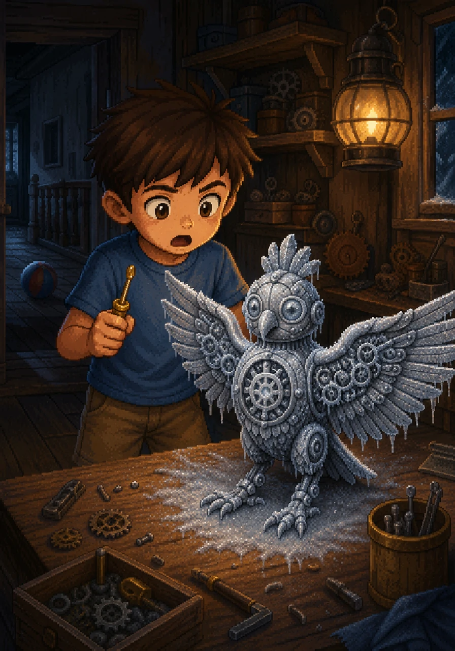 He chose the ball and spent the next hour leaping around the hallway, completely forgetting his new project. When he finally returned to his desk, he gasped to find the clockwork bird covered in a thin layer of gray frost. The gears were locked tight, and the golden screwdriver felt heavy and cold in his hand.