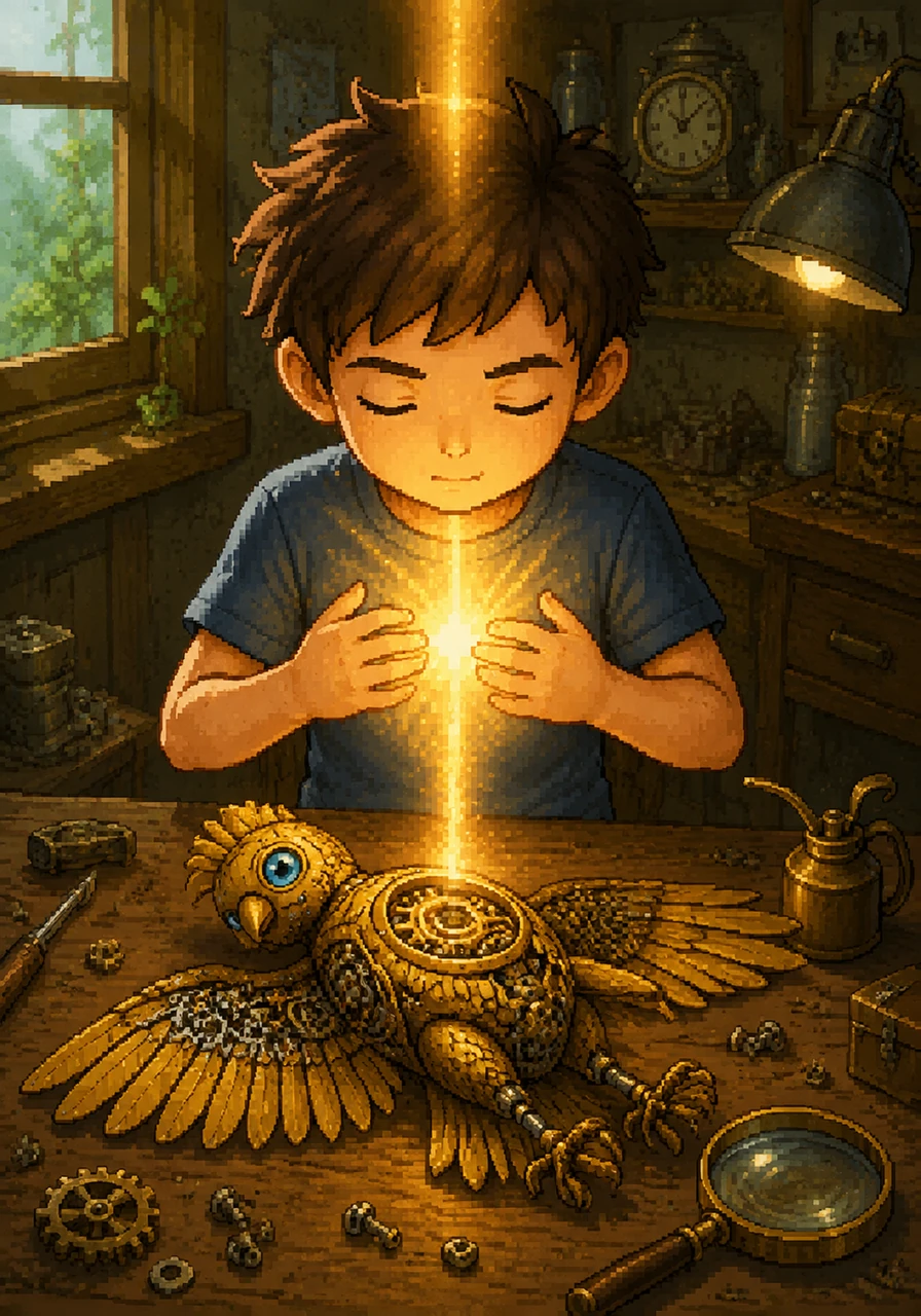 Deeply saddened, Leo realized his wandering mind had frozen the beautiful creature. He closed his eyes, took a deep, slow breath, and imagined a bright, steady beam of light inside his chest. He promised himself that for the next hour, nothing else in the world would matter except fixing the bird.
