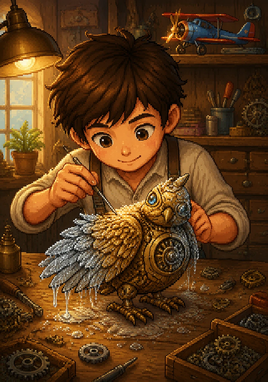 Leo began to work again, focusing entirely on the rhythmic click-clack of the tiny silver cogs. When a colorful toy airplane on his shelf seemed to whisper his name, Leo simply smiled, took another deep breath, and kept his eyes on the bird. Slowly, the gray frost began to melt away from the brass feathers.