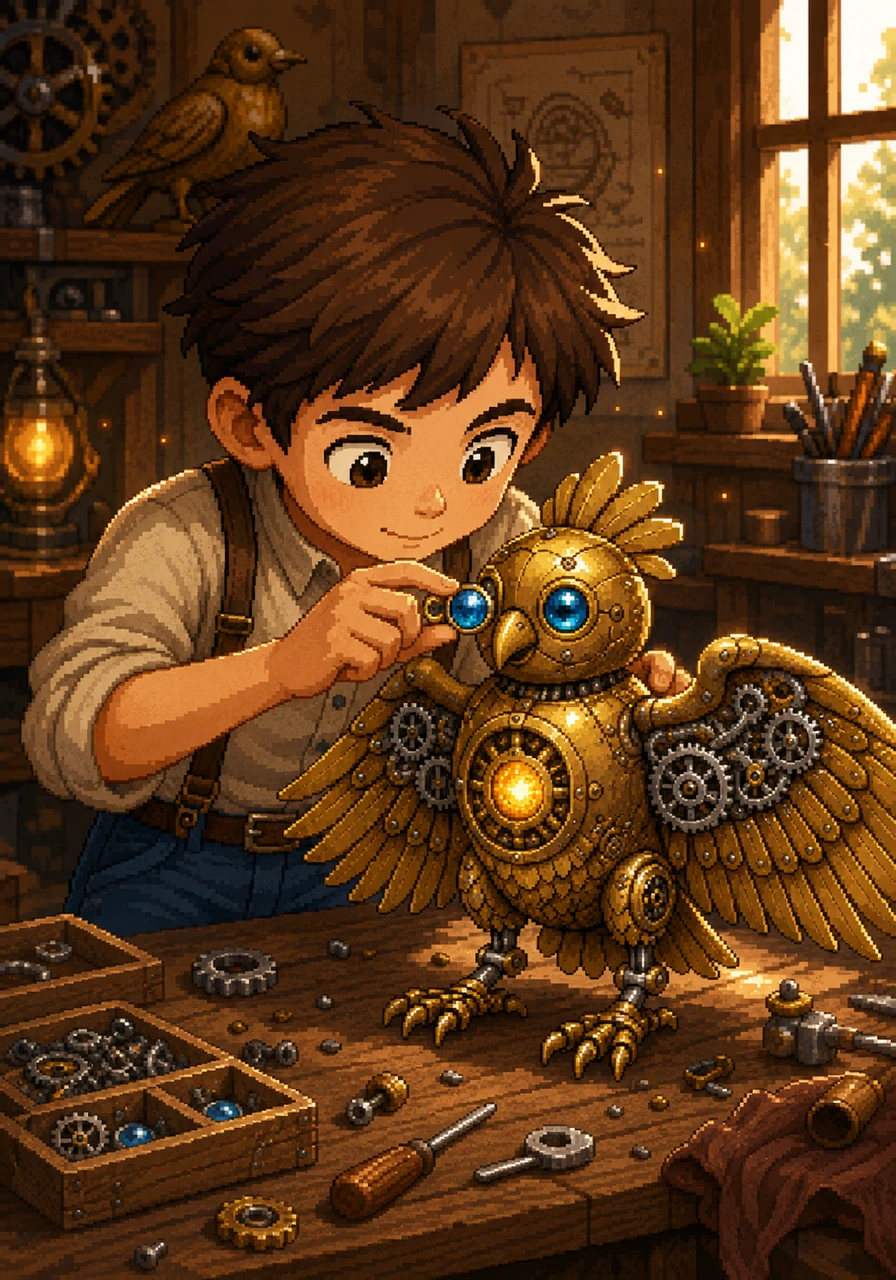 Hours seemed to melt away into a peaceful, quiet rhythm as Leo meticulously placed the final gemstone eye into the bird's head. He didn't look at his video games, and he didn't run to the window when a fire truck zoomed past. He was completely in the zone, feeling a strange new warmth growing in his chest.