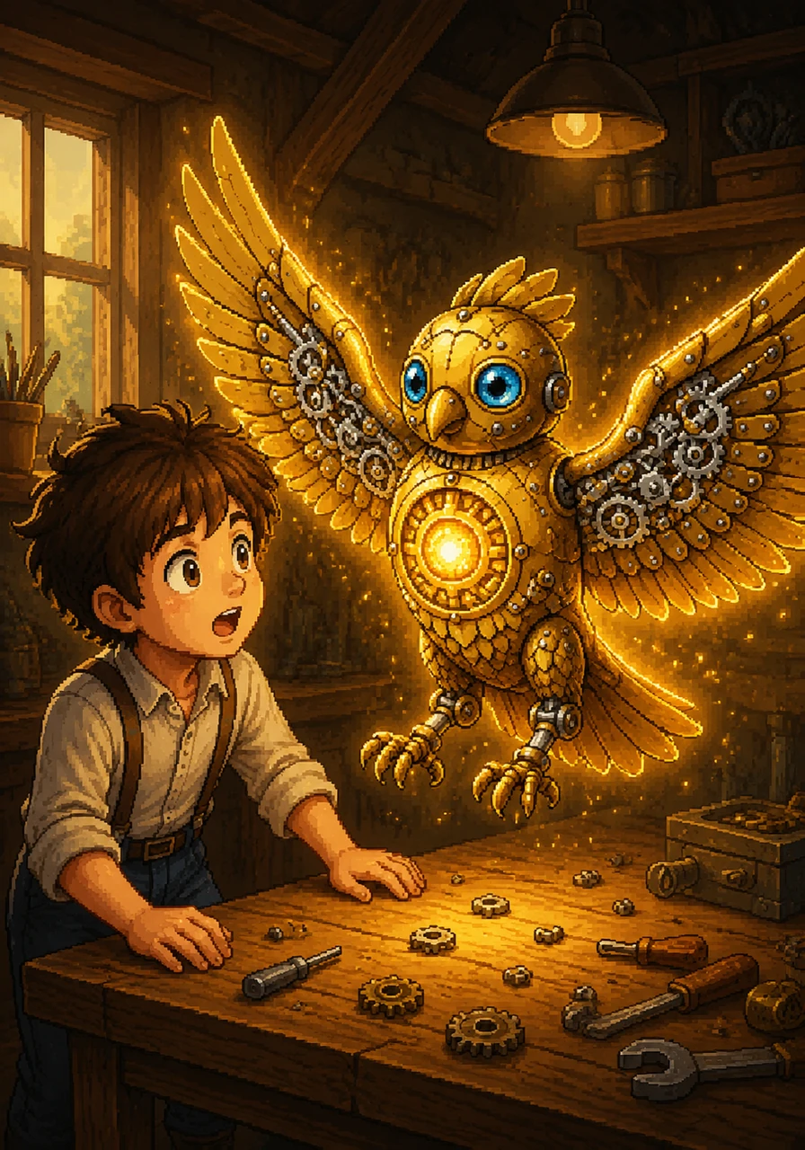 With a gentle click, the last gear snapped perfectly into place, and the bird's chest began to glow with a warm golden light. The wings shuddered, stretched, and began to flap with a soft, melodic hum that filled the entire room. Leo watched in absolute awe as his creation finally came to life.