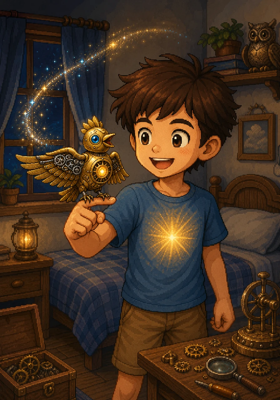 The clockwork bird took flight, soaring gracefully around Leo's room, leaving a trail of sparkling stardust in its wake. It landed gently on Leo's outstretched finger, singing a beautiful, clear song that sounded like pure joy. Leo realized that this wonderful moment only happened because he had stayed true to his goal.