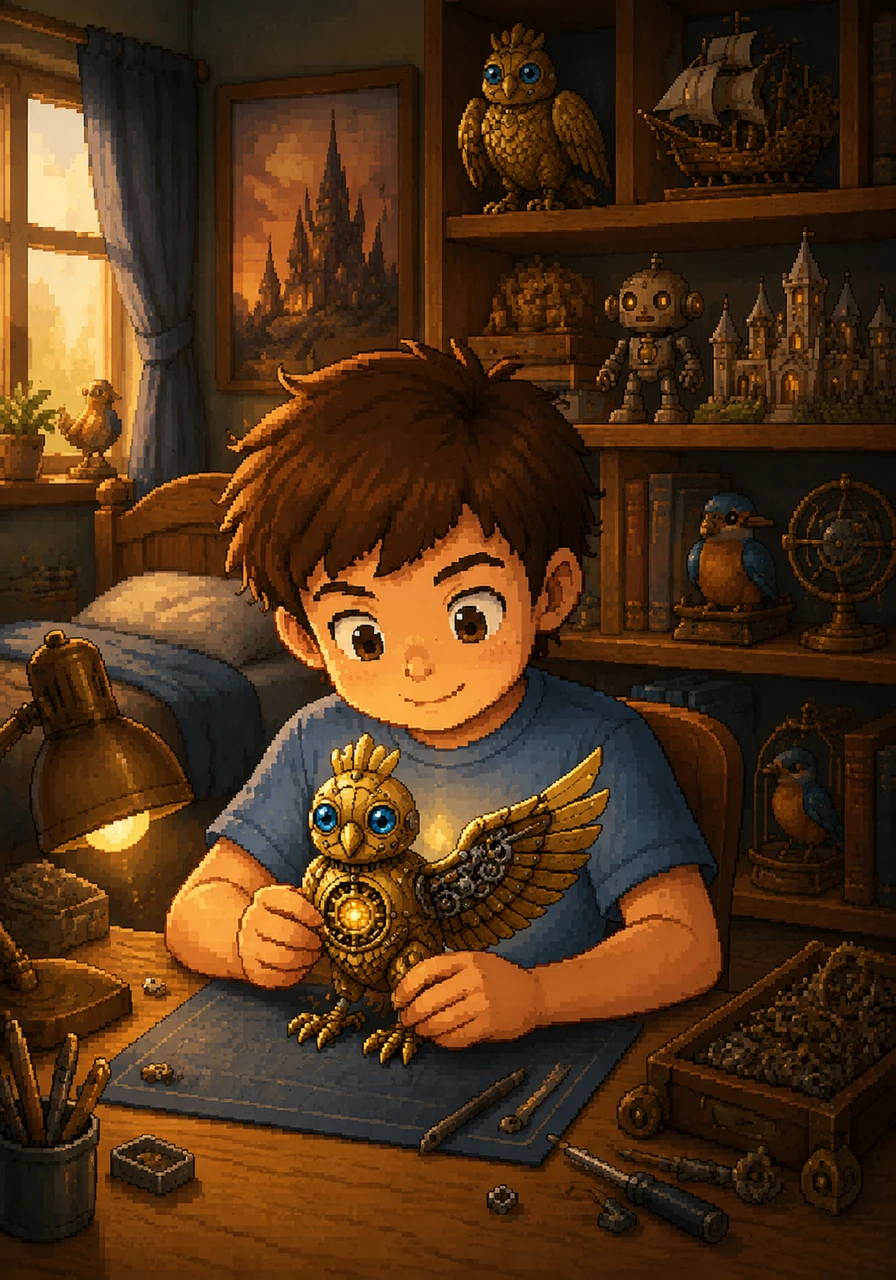 From that day on, Leo still loved to play, but he also knew how to turn on his inner spotlight of focus. His room became a place of completed masterpieces, proud achievements, and beautiful stories finished from beginning to end. Whenever he felt distracted, he would look at his clockwork bird and remember the magic of a concentrated mind.