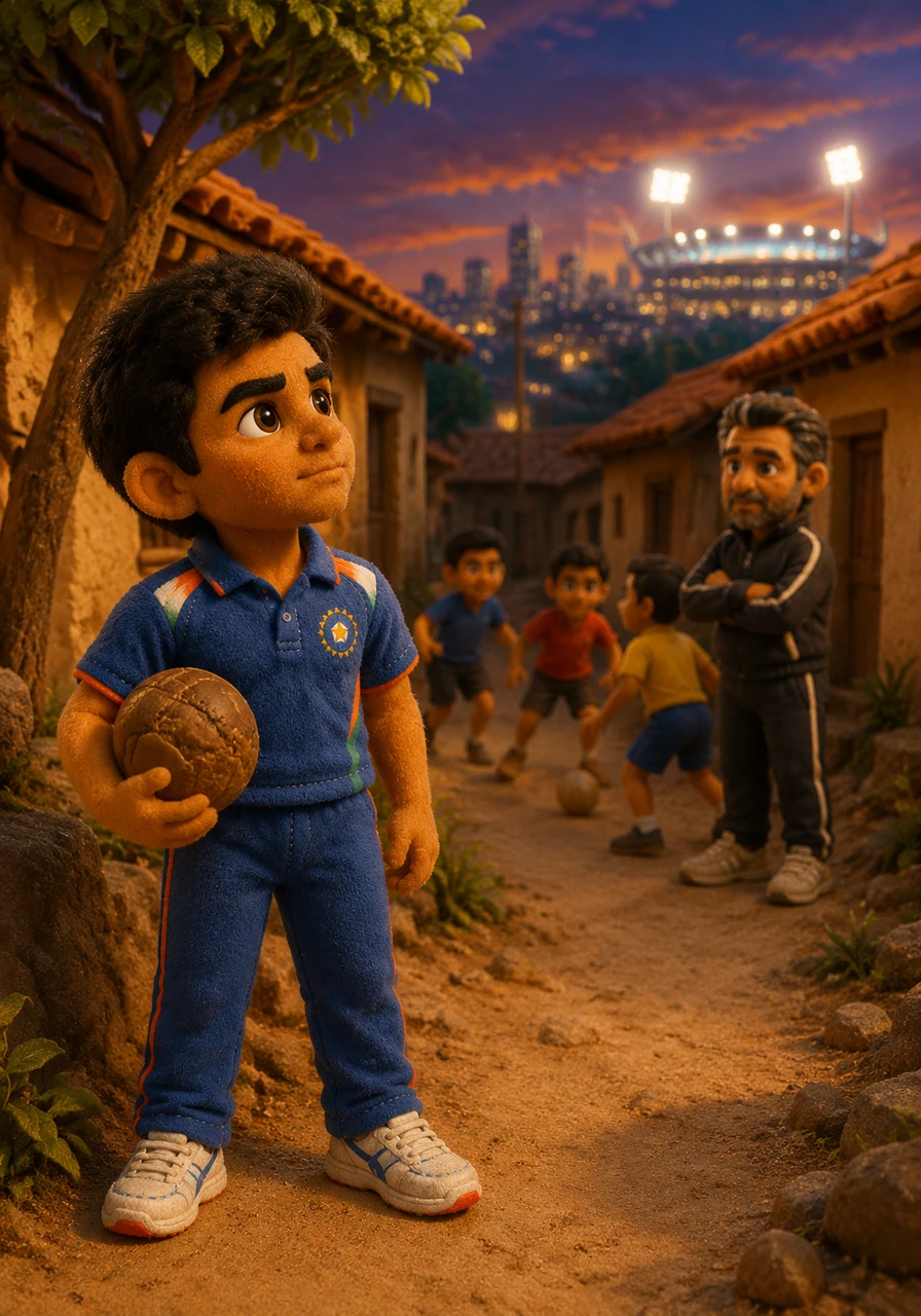 Deep within a quiet, sun-drenched village, a young boy named Ravi stared out at the narrow, dusty alleys with a big dream in his heart. While the other children played carelessly, Ravi squeezed a worn-out leather ball in his hand, looking up toward the distant city where the bright stadium lights flickered in the night sky.