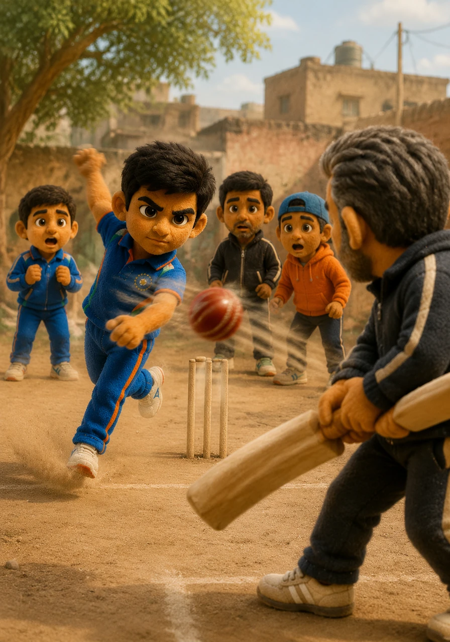 When Ravi bowled, his arm moved like a blur and the ball flew through the dusty air like a guided missile. His friends would gather around just to watch his incredible speed, gasping in awe as the ball zipped past the batter with a loud, whistling sound.