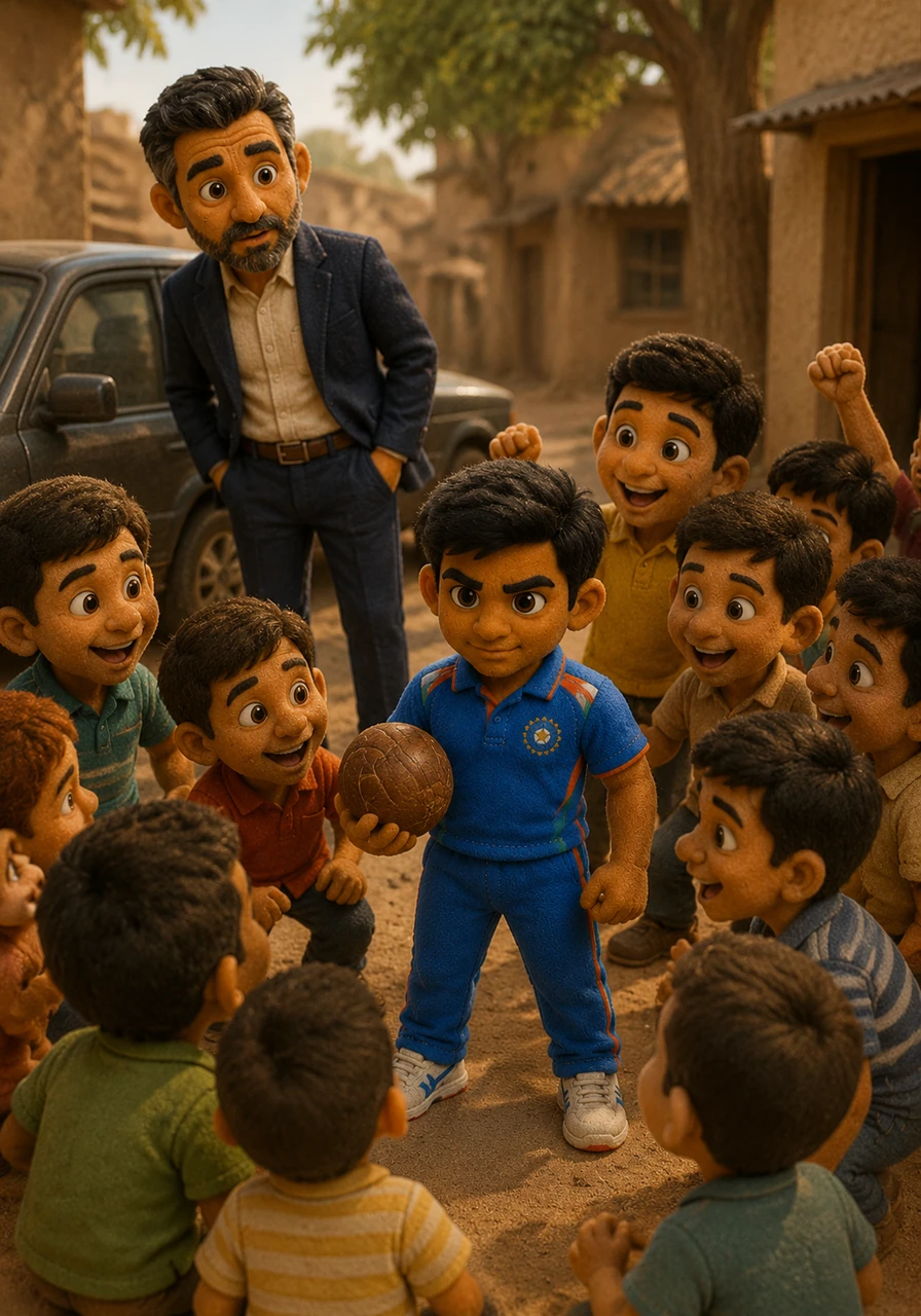 One sunny afternoon, a famous city coach happened to be driving past the village and stopped his car near the dusty alley. Intrigued by the shouting and laughter, the coach peered through the crowd of children and noticed Ravi standing confidently with the old leather ball in his hand.
