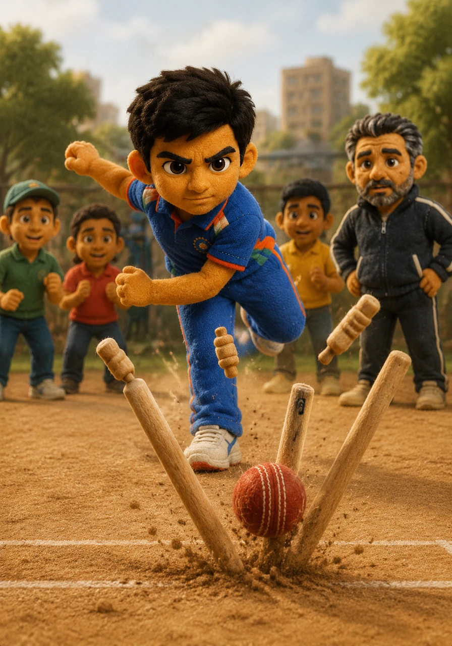 Ravi took a deep breath, sprinted forward with perfect form, and unleashed a ferocious delivery. The ball zoomed down the dirt pitch and crashed directly into the middle of three wooden sticks, sending all three stumps flying dramatically into the air.