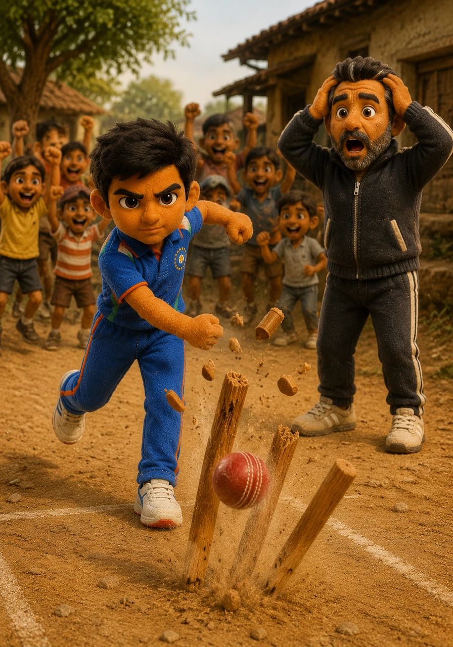 Before the dust could even settle, Ravi caught the rebound and bowled two more times, shattering the stumps with absolute, unerring precision. The crowd of village kids erupted into cheers, and the city coach stood frozen in absolute disbelief at the raw talent before him.