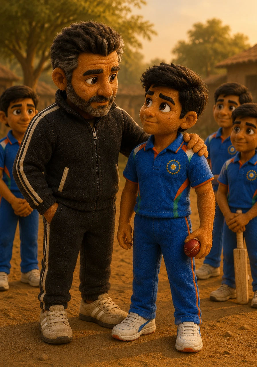 The coach walked over to Ravi with a warm, encouraging smile and placed a gentle hand on the young boy's shoulder. He told Ravi that his incredible talent deserved a real stage and promised to guide him from the dusty village streets to the professional cricket academies of the big city.