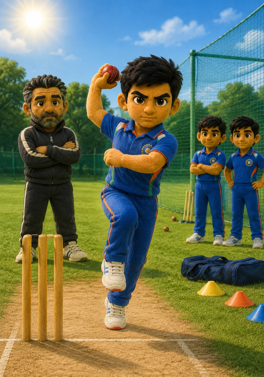 Leaving his village behind, Ravi entered a world of green fields, proper training gear, and intense daily practice sessions. Under the coach's watchful eye, he spent hours under the scorching sun, perfecting his run-up and refining his lightning-fast bowling technique.