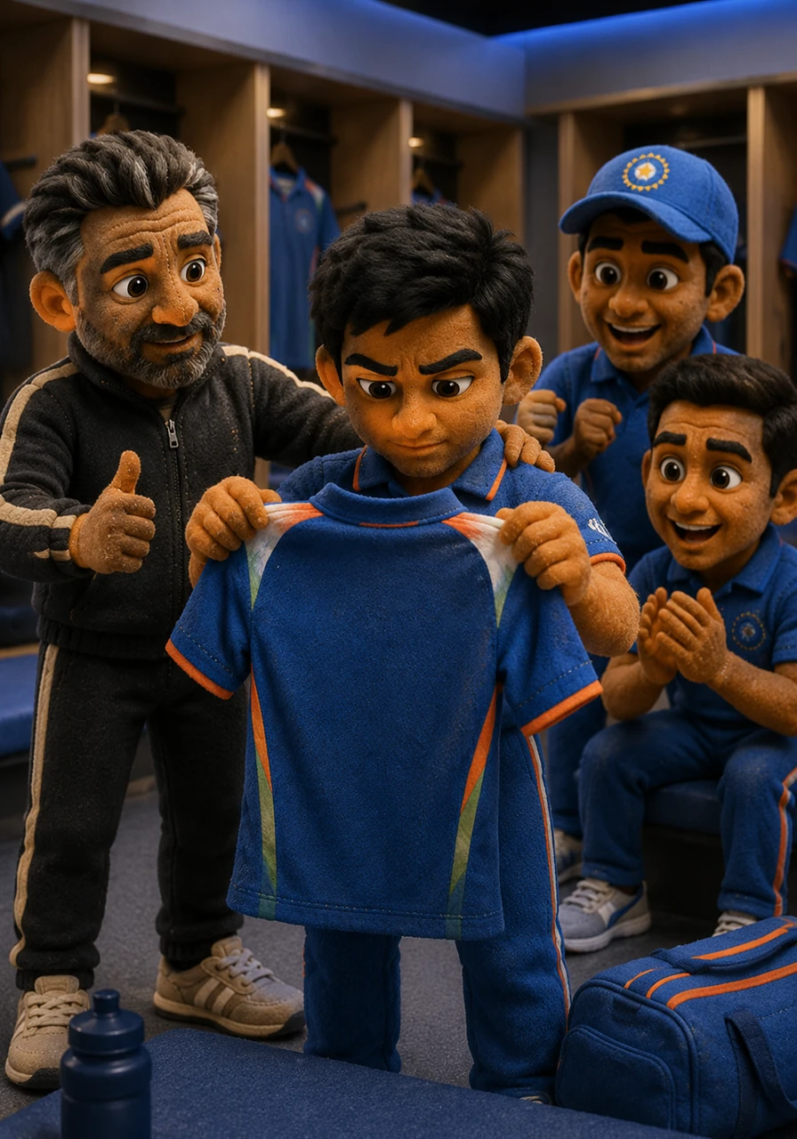 Months of tireless dedication, sweating through early mornings, and pushing past exhaustion finally paid off. Ravi stood in a modern locker room, his hands trembling with emotion as he gently unfolded a brand-new, royal blue Team India jersey with his name proudly printed on the back.