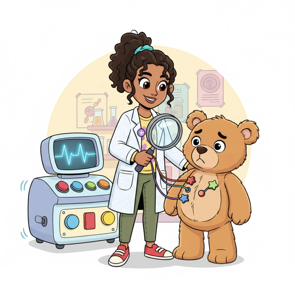 Dr. Dotty, a cheerful scientist with a big magnifying glass and a sparkling lab coat, greets her friend Barnaby Bear. Barnaby looks a little worried, but Dr. Dotty assures him with a gentle smile as she attaches some colorful, friendly-looking sensors to his chest. Her amazing machine, adorned with playful buttons and blinking lights, begins to hum softly, drawing a wiggly, wonderful line across its screen, showing Barnaby's heart's unique song.