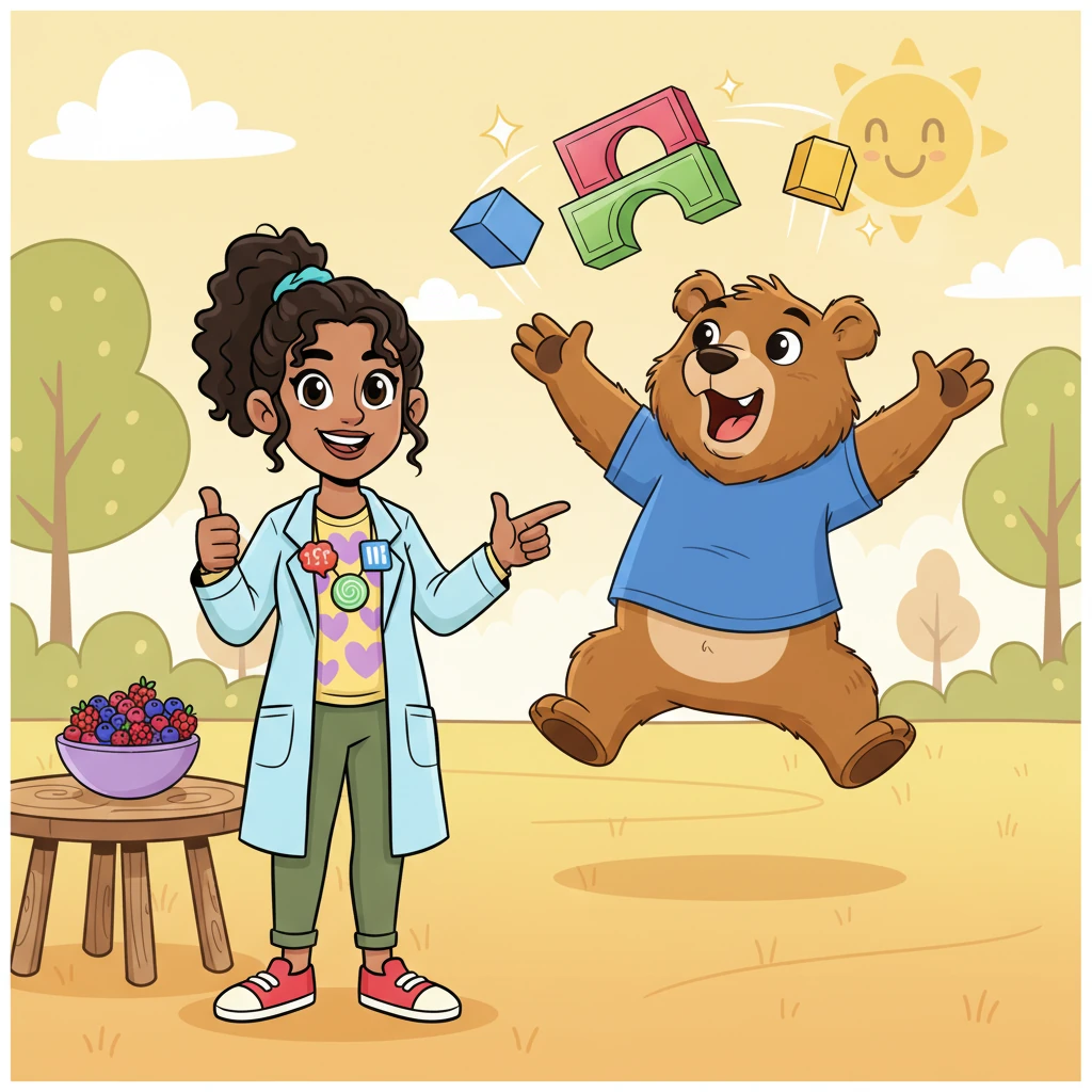 With a triumphant grin, Dr. Dotty points to the dancing blocks, explaining to Barnaby that his heart is strong and lively, ready for lots of fun! Barnaby Bear lets out a joyful roar, feeling much better and ready to play. Dr. Dotty gives him a thumbs-up, reminding him that staying active and eating yummy berries keeps his wonderful heart singing its happiest tune.