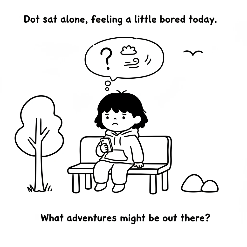 Dot sat alone, feeling a little bored today. The world felt quiet and still, and Dot wished for something new and exciting to do. Dot sighed a tiny si