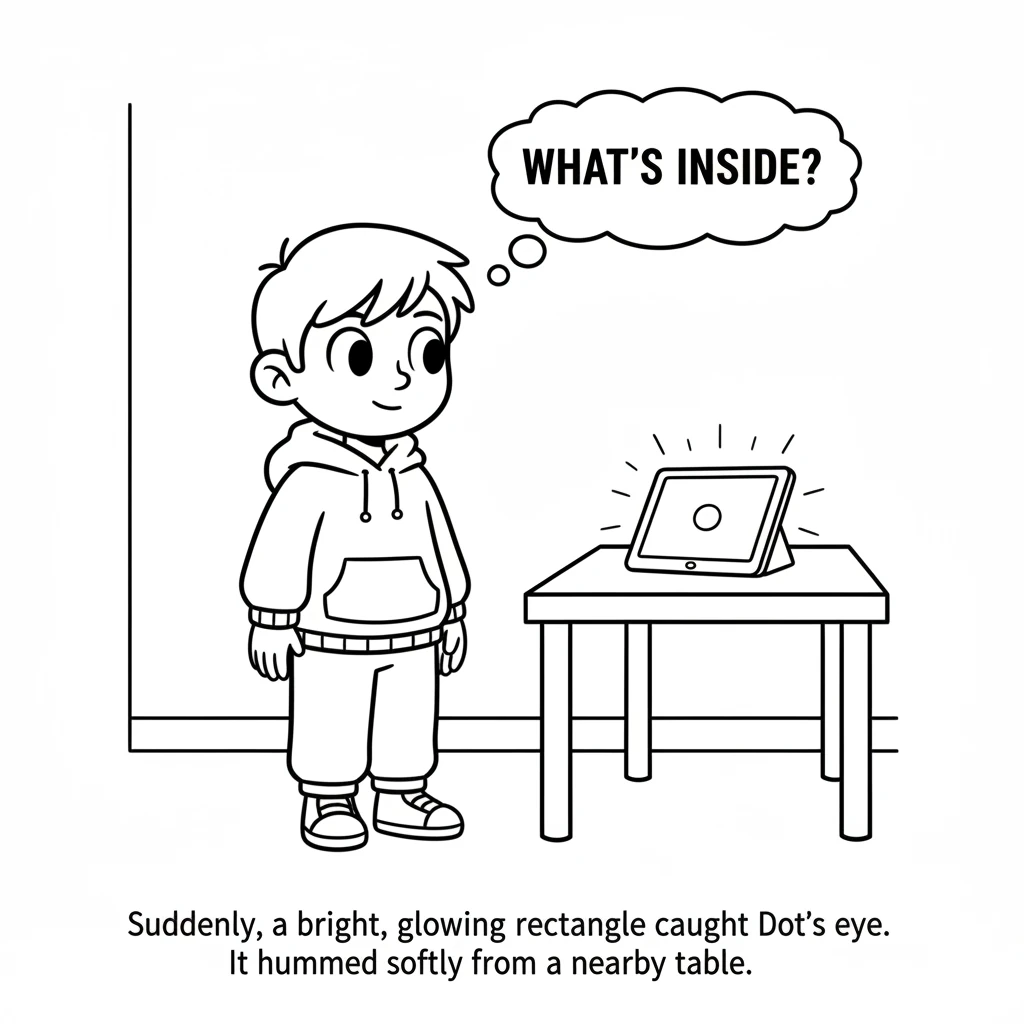 Suddenly, a bright, glowing rectangle caught Dot's eye. It hummed softly from a nearby table, full of mystery. Dot's round eyes grew wide with curiosi